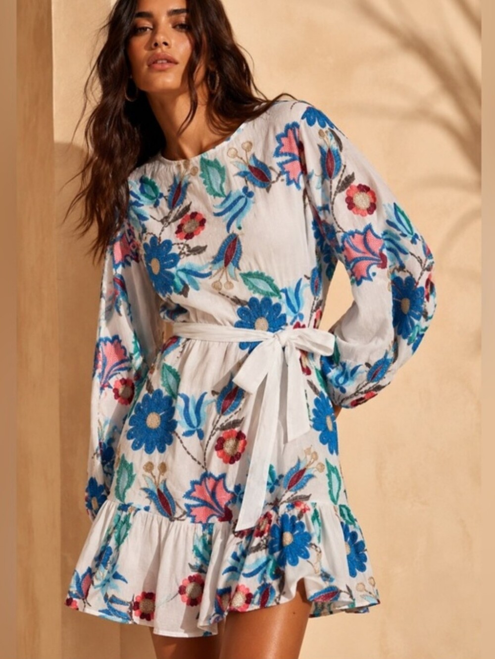 Oliphant Embroidered Long Sleeve Flirty Mini Dress in Monet Size S Boho Festival